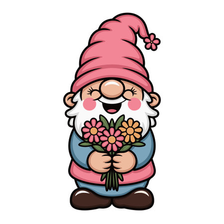 Garden gnome with flowers. Vector illustration of a gnome with flowers.のイラスト素材