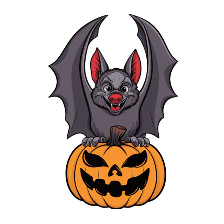 Halloween bat holding a pumpkin. Vector illustration on white background.のイラスト素材