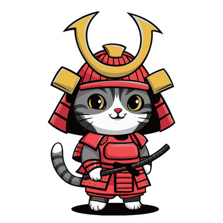 Cute cartoon cat in a red fire suit with a sword.のイラスト素材