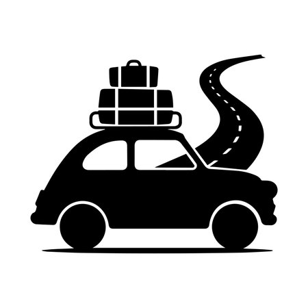 car with luggage on roof icon, black and white design, vector illustrationのイラスト素材