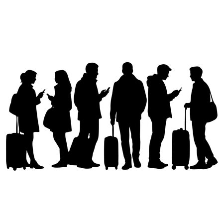 Silhouette of people with suitcases on a white background.のイラスト素材