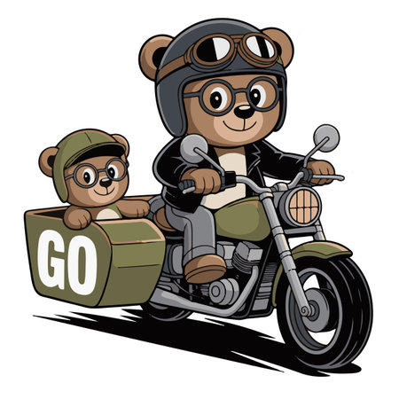 Vector illustration of a cartoon bear on a motorcycle with a box of foodのイラスト素材