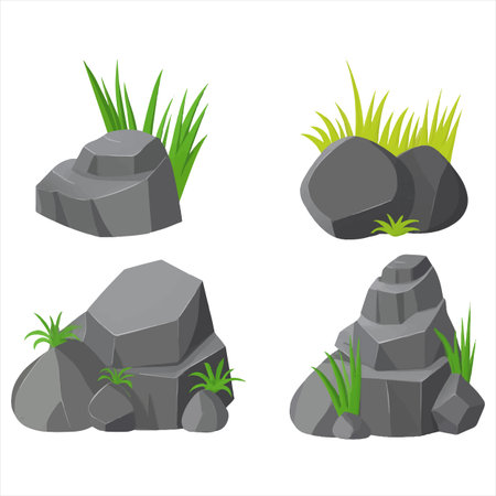 Pile of stones with grass isolated on white background. Vector illustration.のイラスト素材