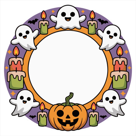Halloween round frame with ghosts, candles and pumpkin. Vector clip art.のイラスト素材