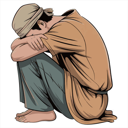 Vector illustration of a homeless man in a hat sitting on the groundのイラスト素材