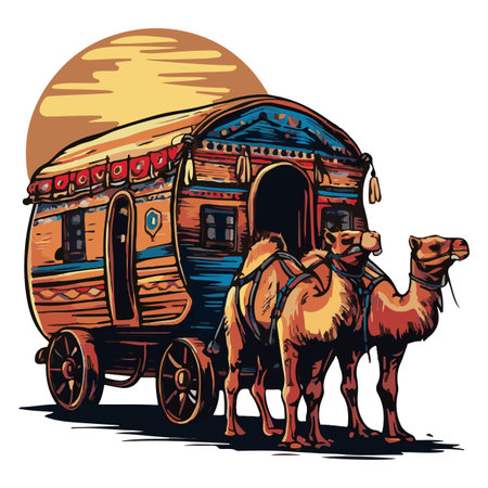 Camel caravan with camels. Vector illustration for your design.のイラスト素材