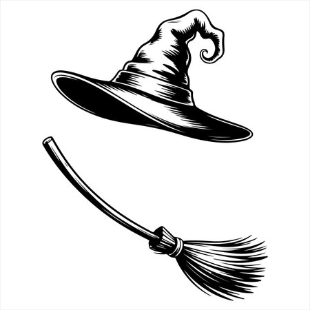 Witch hat and broom isolated on a white background. Vector illustration.のイラスト素材