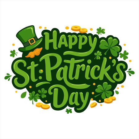 Happy St. Patrick's Day lettering with green clover, leprechaun hat and gold coins. Vector illustration.のイラスト素材