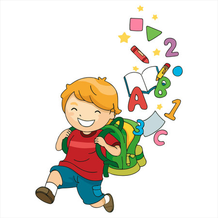 Vector Illustration of Cute Little Boy with Backpack and Alphabetのイラスト素材