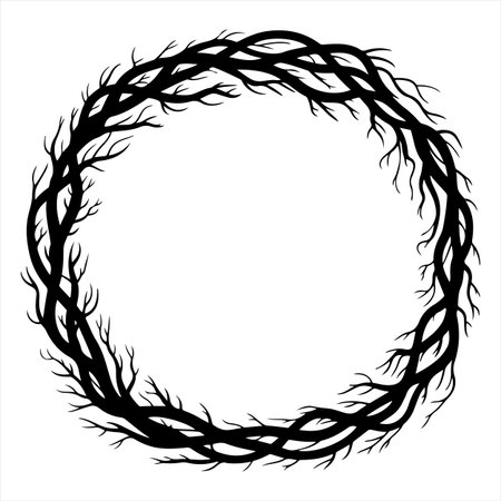 Circle of tree branches with roots. Black and white vector illustration.のイラスト素材