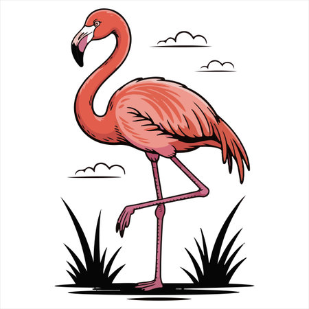 Flamingo on the background of grass and sky. Vector illustrationのイラスト素材