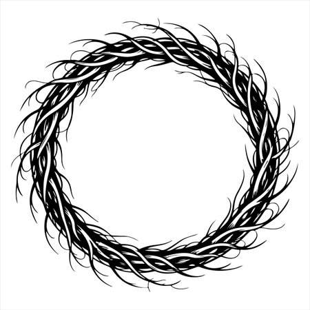 Wreath of branches. Black and white vector illustration on white background.のイラスト素材