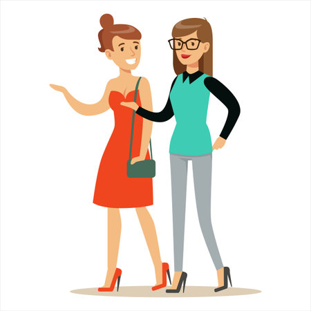 Two young women talking and laughing together. Isolated vector illustration.のイラスト素材