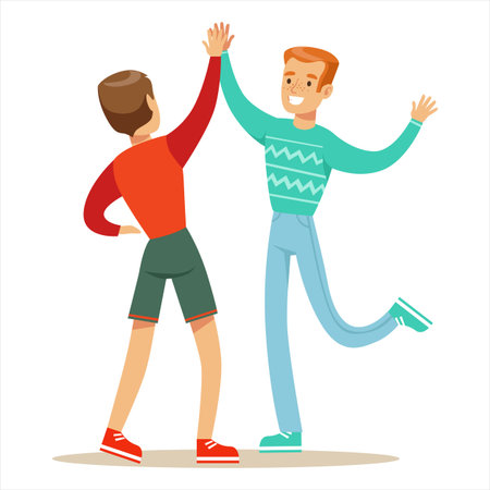 Happy young men in casual clothes giving high five to each other. Vector illustration in flat styleのイラスト素材