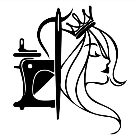 Silhouette of a girl in a crown with a sewing machineのイラスト素材