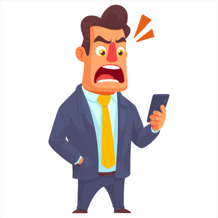 Angry businessman with mobile phone. Vector illustration in cartoon style.のイラスト素材