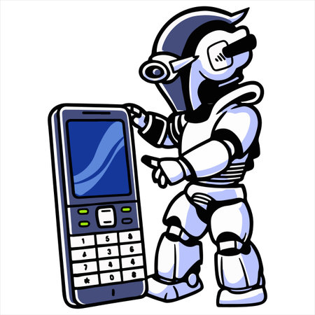 Robot with mobile phone. Vector illustration on a white background.のイラスト素材