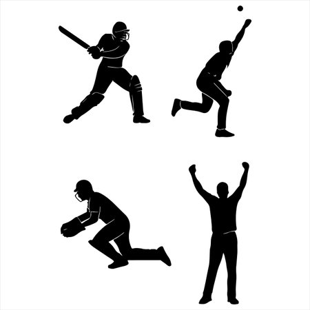 set of cricket players silhouettes isolated on white background. vector illustrationのイラスト素材