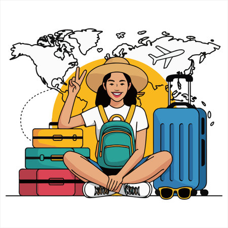 traveler woman sitting with suitcase and world map vector illustration graphic designのイラスト素材