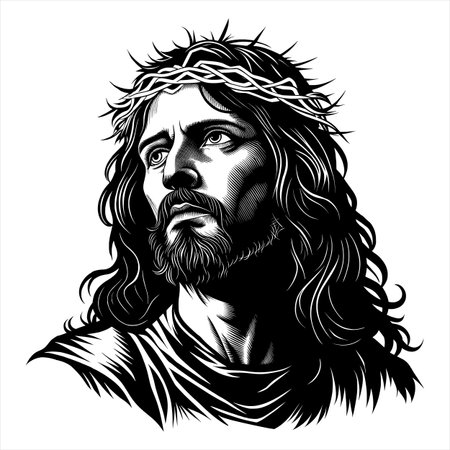 Jesus Christ with crown of thorns. Vector illustration in black and white.のイラスト素材