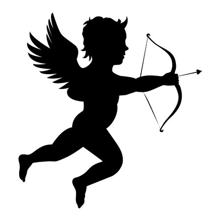 Vector silhouette of Cupid with bow and arrow on white background.のイラスト素材
