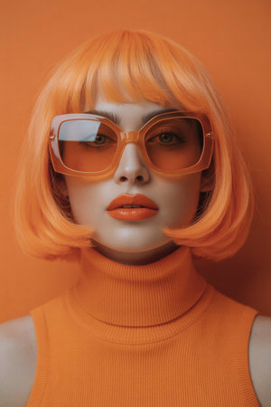Fashion portrait of a beautiful girl in orange wig and orange sunglasses.の素材