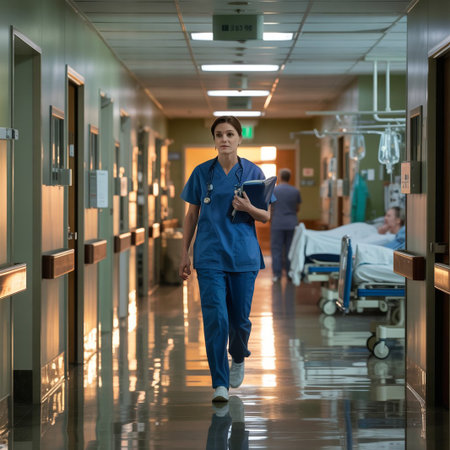 Portrait of a young male doctor walking in corridor of a hospitalの素材