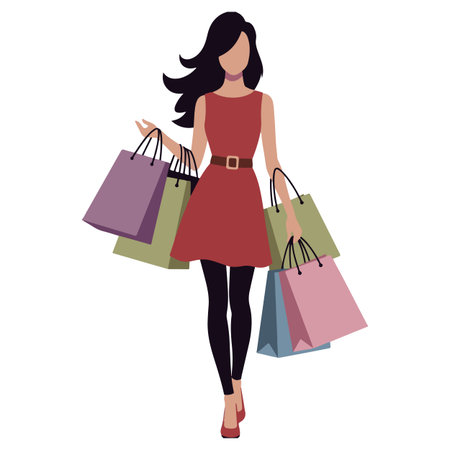 Woman with shopping bags isolated on white background. Vector illustration in flat style.のイラスト素材