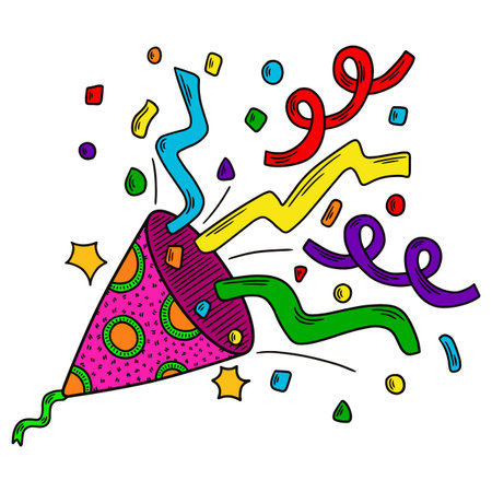 Party popper and confetti. Vector illustration in doodle style.のイラスト素材