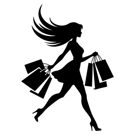 silhouette of a girl with shopping bags on a white backgroundのイラスト素材