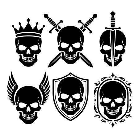 Skulls and Crossed Swords with Crowns. Vector Illustrationのイラスト素材