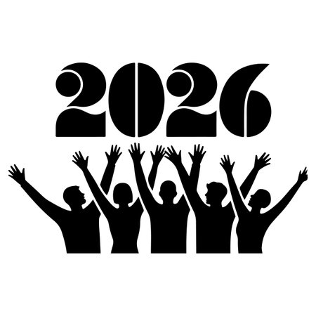 Happy New Year 2016. Silhouettes of people with raised hands. Vector illustration.のイラスト素材