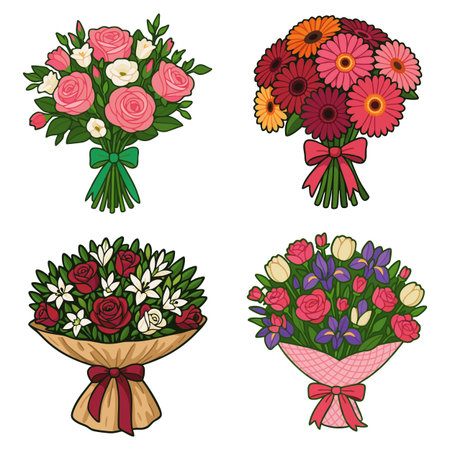 Set of bouquets of flowers and ribbons. Vector illustration.のイラスト素材