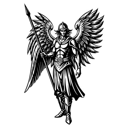 Viking warrior with spear and wings. Black and white vector illustration.のイラスト素材