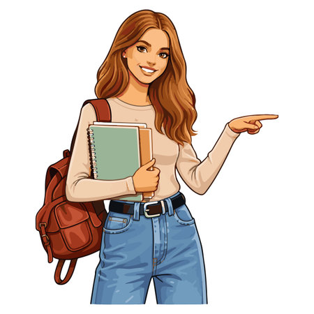 Vector illustration of a young woman with a backpack and books in her handsのイラスト素材