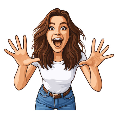 Surprised woman with open mouth and hands up. Vector illustrationのイラスト素材