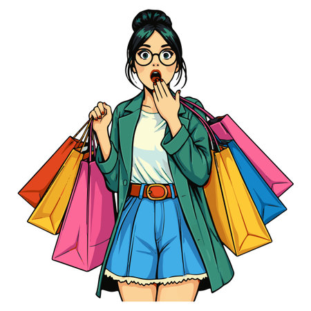 Surprised woman with shopping bags. Vector illustration on white background.のイラスト素材