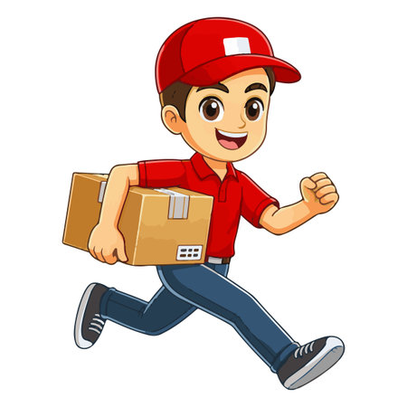 delivery man running with box on white background. vector illustration.のイラスト素材