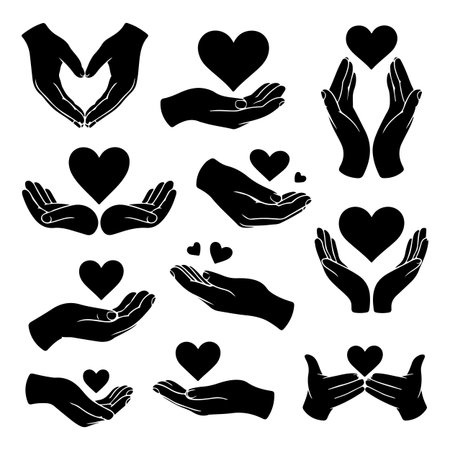 Set of hands and heart icons. Black and white vector illustration.のイラスト素材