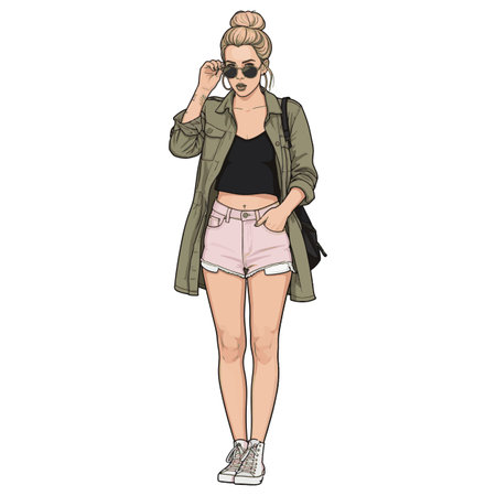 Fashion girl in a jacket and shorts. Vector illustration in sketch style.のイラスト素材