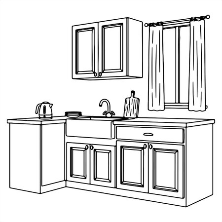 Kitchen interior sketch. Hand drawn vector illustration. Kitchen furniture.のイラスト素材