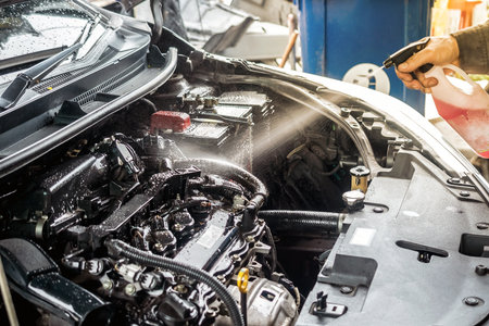 The mechanic is using a cleaning spray to clean the engine compartment.の写真素材