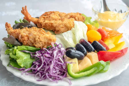 Closeup of the fresh Fried shrimp salad,selective focusの写真素材