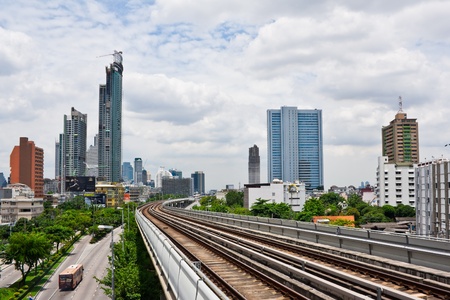 Sky train railway in Bangkok with traffic light
