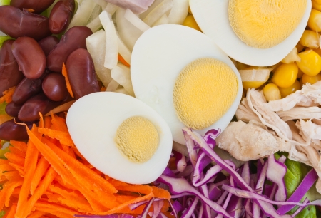 Close up healthy food fresh vegetable salad  with egg and chickenの写真素材