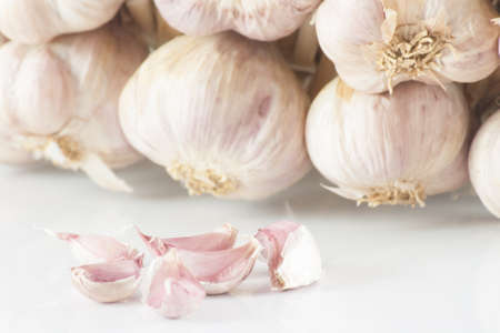 White garlic texture. Fresh garlic closeup. Spicy cooking ingredient picture. White garlic head heap and Garlic clovesの写真素材