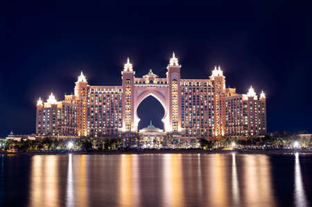 Jan 15th ,2021, Dubai,UAE.View of The Atlantis Hotel with colorful reflection on water captured from The Pointe Palm Jumeirah.のeditorial素材