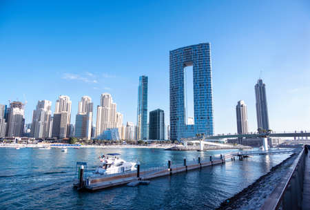 Jan 22, 2021, Dubai,UAE. Panoramic view of the cruise ships and skyscrapers at the Dubai marina captured from the Ain Dubai in Blue water islands, Dubai , UAE.のeditorial素材