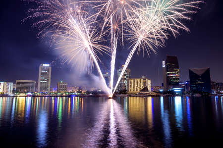 17 DEC 2020 AL SEEF VILLAGE MALL,DUBAI. VIEW OF THE SPECTACULAR FIREWORKS DURING THE DUBAI SHOPPING FESTIVAL OPENING CELEBRATION AT THE AL SEEF VILLAGE, DUBAI , UAE.のeditorial素材