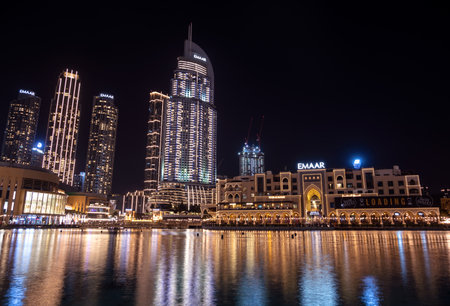 7th JAN 2021,Dubai,UAE . Beautiful view of the illuminated souk al bahar ,the dubai mall, the address hotel and other buildings captured at the Dubai mall, Dubai, UAE.のeditorial素材